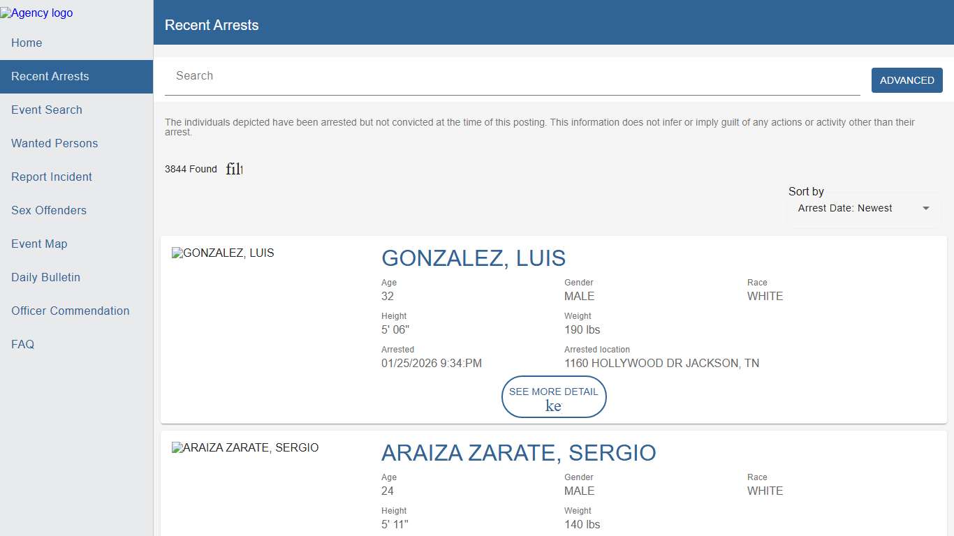 Jackson Police Department Police to Citizen - Recent Arrests catalog