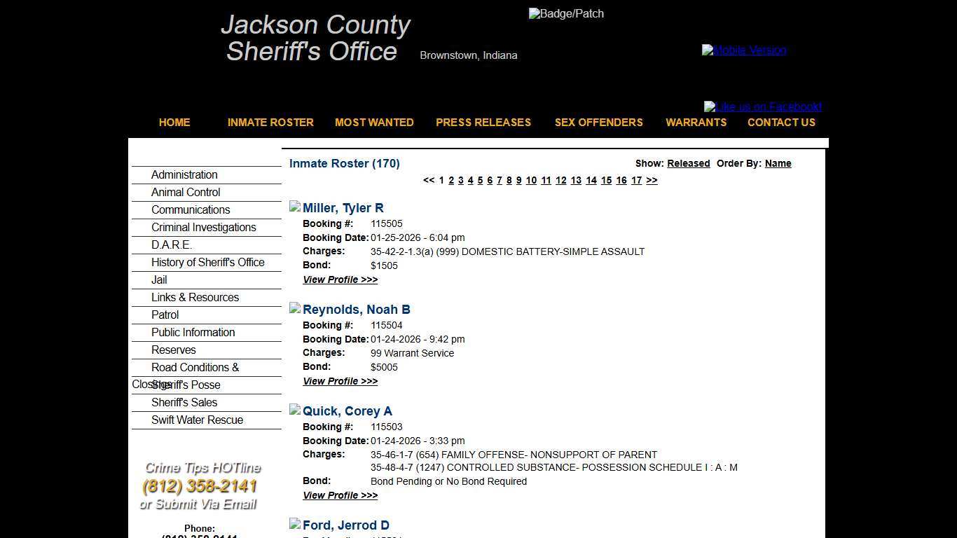 Inmate Roster - Current Inmates Booking Date Descending - Jackson County IN Sheriff